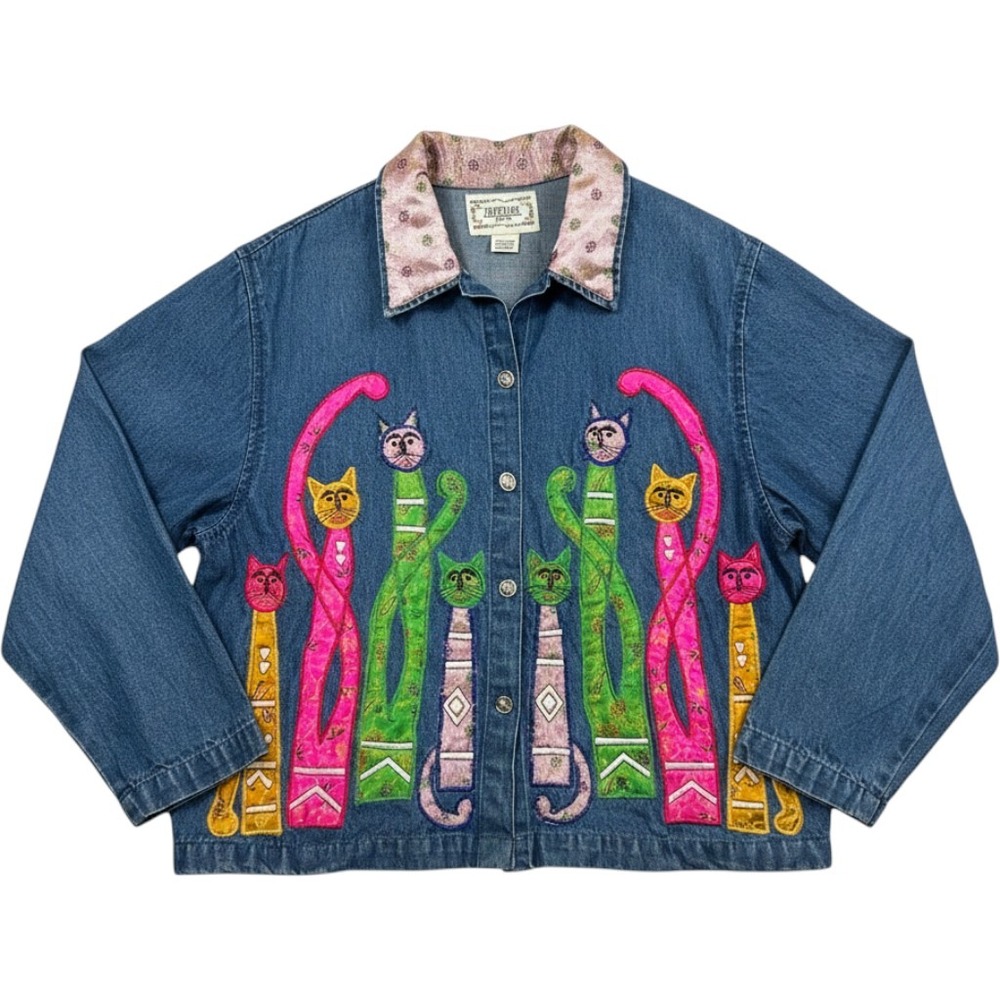 Vintage 90s Tantrums Petite Denim Jacket Women PL Embroidered Cat Art Whimsical